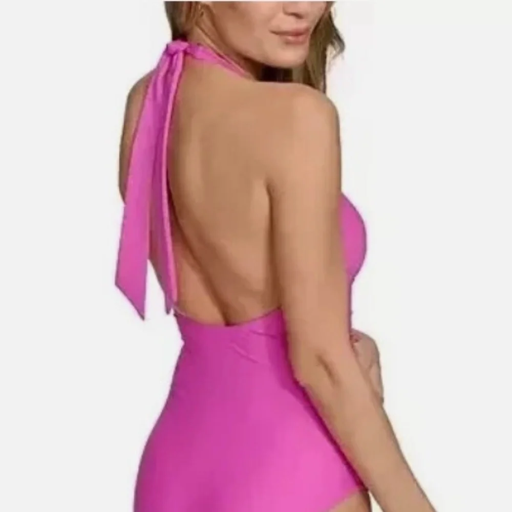 DKNY Womens Standard Triangle Shirred Carnation Pink Halter One Piece Swimsuit - Picture 2 of 8